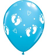 11" Robin's Egg (50 Count) Baby Footprints & Hearts Latex Balloons