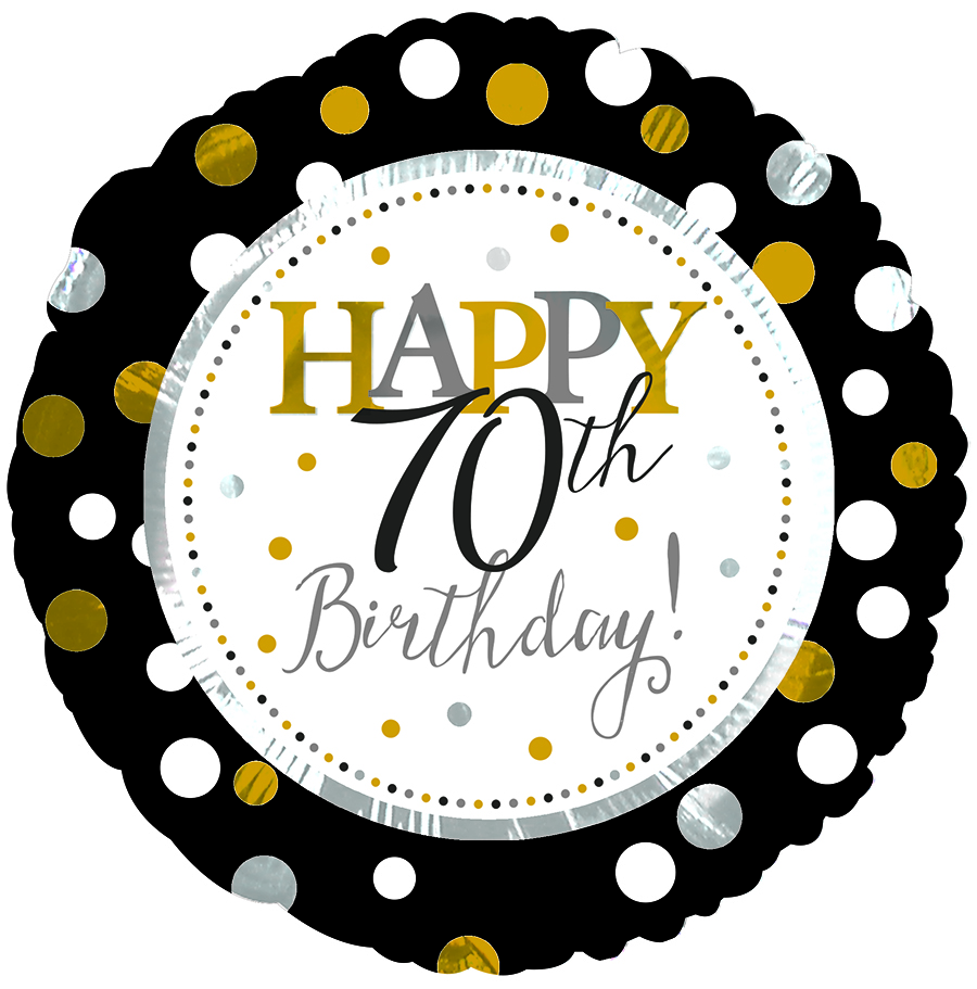 70TH BIRTHDAY BLACK AND GOLD 18" ROUND FOIL BALLOON