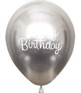 12" Mirror Happy Birthday Silver Latex Balloons (25 Per Bag) 2 Side Print