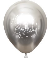 12" Mirror Happy Birthday Silver Latex Balloons (25 Per Bag) 2 Side Print