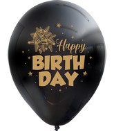 12" Happy Birthday Black Balloon Gold Print Latex Balloons (25 Per Bag) 2 Side Print