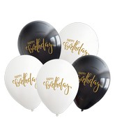 12" Happy Birthday Black/White Balloons Gold Print Latex Balloons (25 Per Bag) 2 Side Print