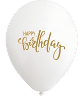 12" Happy Birthday White Balloon Gold Print Latex Balloons (25 Per Bag) 2 Side Print