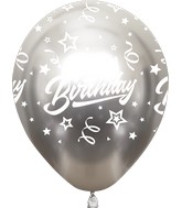 12" Mirror Happy Birthday All Around Silver Latex Balloons (25 Per Bag) 5 Side Print