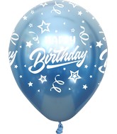12" Mirror Happy Birthday All Around Blue Latex Balloons (25 Per Bag) 5 Side Print