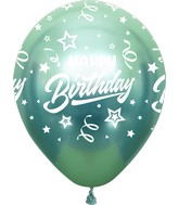 12" Mirror Happy Birthday All Around Green Latex Balloons (25 Per Bag) 5 Side Print