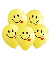 12" Yellow Smiley Kiss 2 Color Print Latex Balloons (25 Per Bag) 2 Color Print