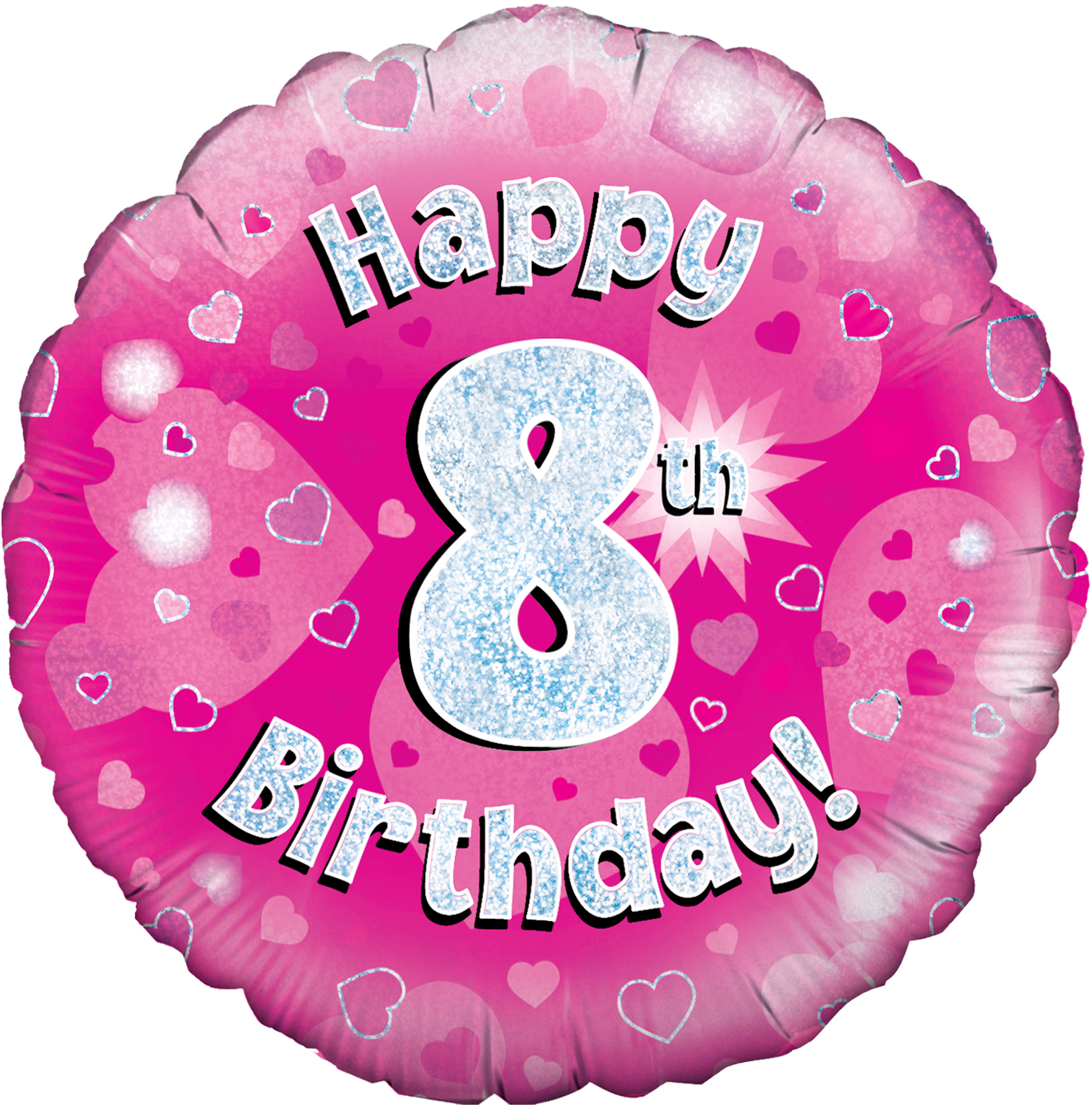 18" Happy 8th Birthday Pink Holographic Oaktree Foil Balloon