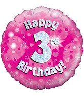18" Happy 3rd Birthday Pink Holographic Oaktree Foil Balloon