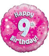 18" Happy 9th Birthday Pink Holographic Oaktree Foil Balloon