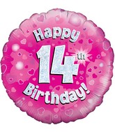 18" Happy 14th Birthday Pink Holographic Oaktree Foil Balloon
