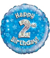18" Happy 2nd Birthday Blue Holographic Oaktree Foil Balloon