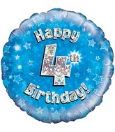 18" Happy 4th Birthday Blue Holographic Oaktree Foil Balloon