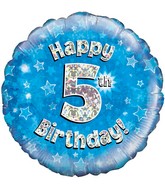 18" Happy 5th Birthday Blue Holographic Oaktree Foil Balloon