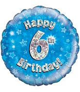 18" Happy 6th Birthday Blue Holographic Oaktree Foil Balloon