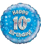 18" Happy 10th Birthday Blue Holographic Oaktree Foil Balloon