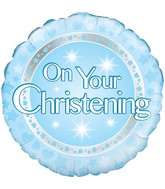 18" On your Christening Boy Holographic Oaktree Foil Balloon