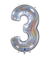 26" Midsize Foil Shape Balloon Number 3 Holographic Silver