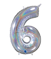 26" Midsize Foil Shape Balloon Number 6 Holographic Silver