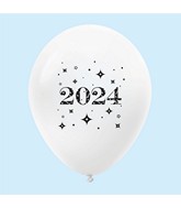 11" Year 2024 Stars Latex Balloons White (25 Per Bag)