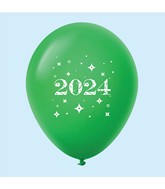 11" Year 2024 Stars Latex Balloons Green (25 Per Bag)