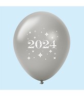11" Year 2024 Stars Latex Balloons Silver (25 Per Bag)
