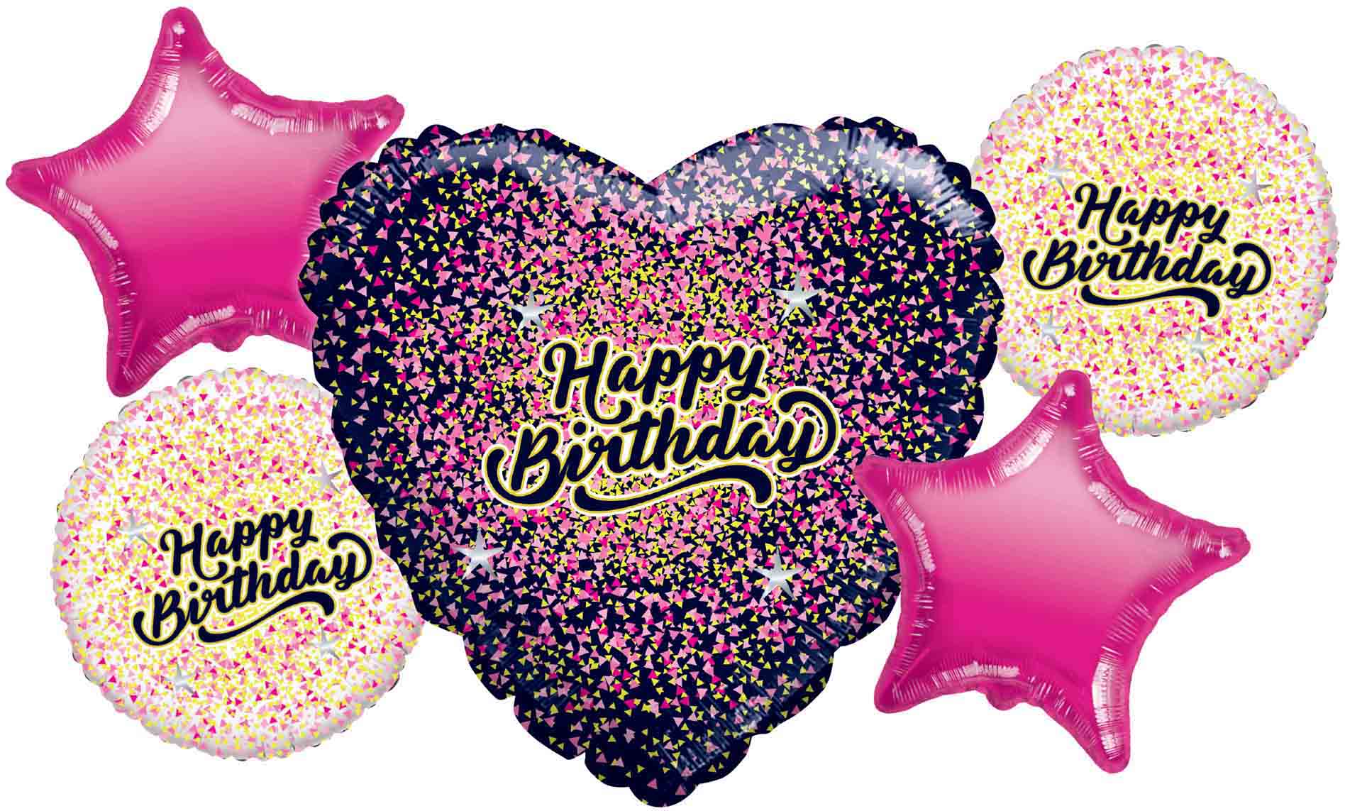 Bouquet 5pc Happy Birthday Black/Gold/Pink Foil Balloon