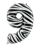 40" Zebra Foil Shape Polybagged Number 9 Balloon