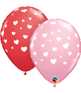 11" Random Hearts Red, Pink (50 Per Bag) Latex Balloons
