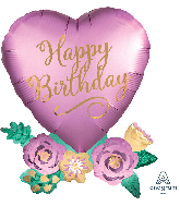 30" Jumbo Birthday Satin Heart with Flowers Foil Balloon