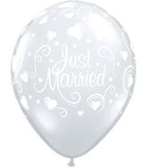 11" Diamond Clear 50 Count Just Married Hearts Latex Balloons