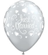 11" Round Silver (50 Count) Just Married Hearts Latex Balloons